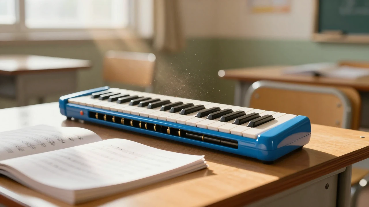 A close-up artistic shot of a colorful blue melodica pianika...