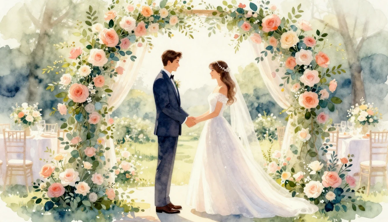A romantic watercolor painting of a wedding celebration. A b...