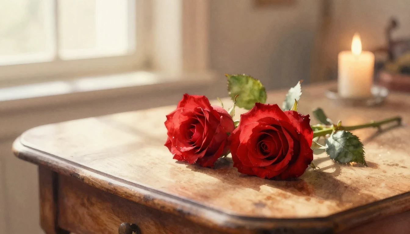 A delicate watercolor painting of two intertwined red roses ...