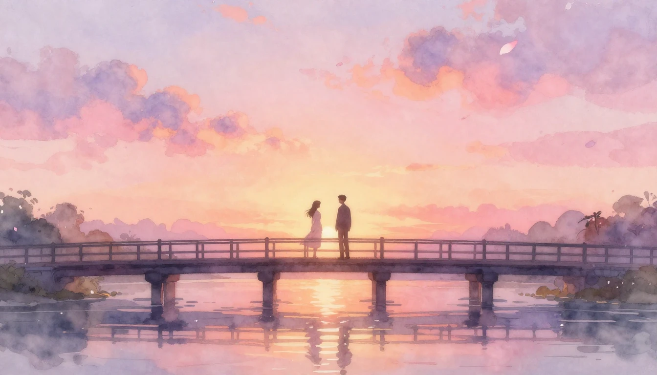 A dreamy watercolor painting of two silhouettes standing on ...