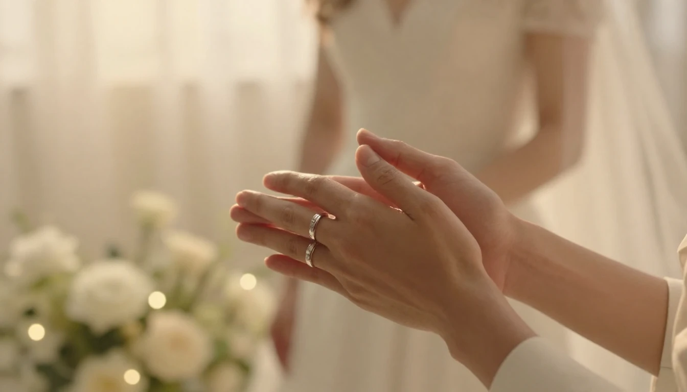 A cinematic close-up shot of a newlywed couple's hands gentl...