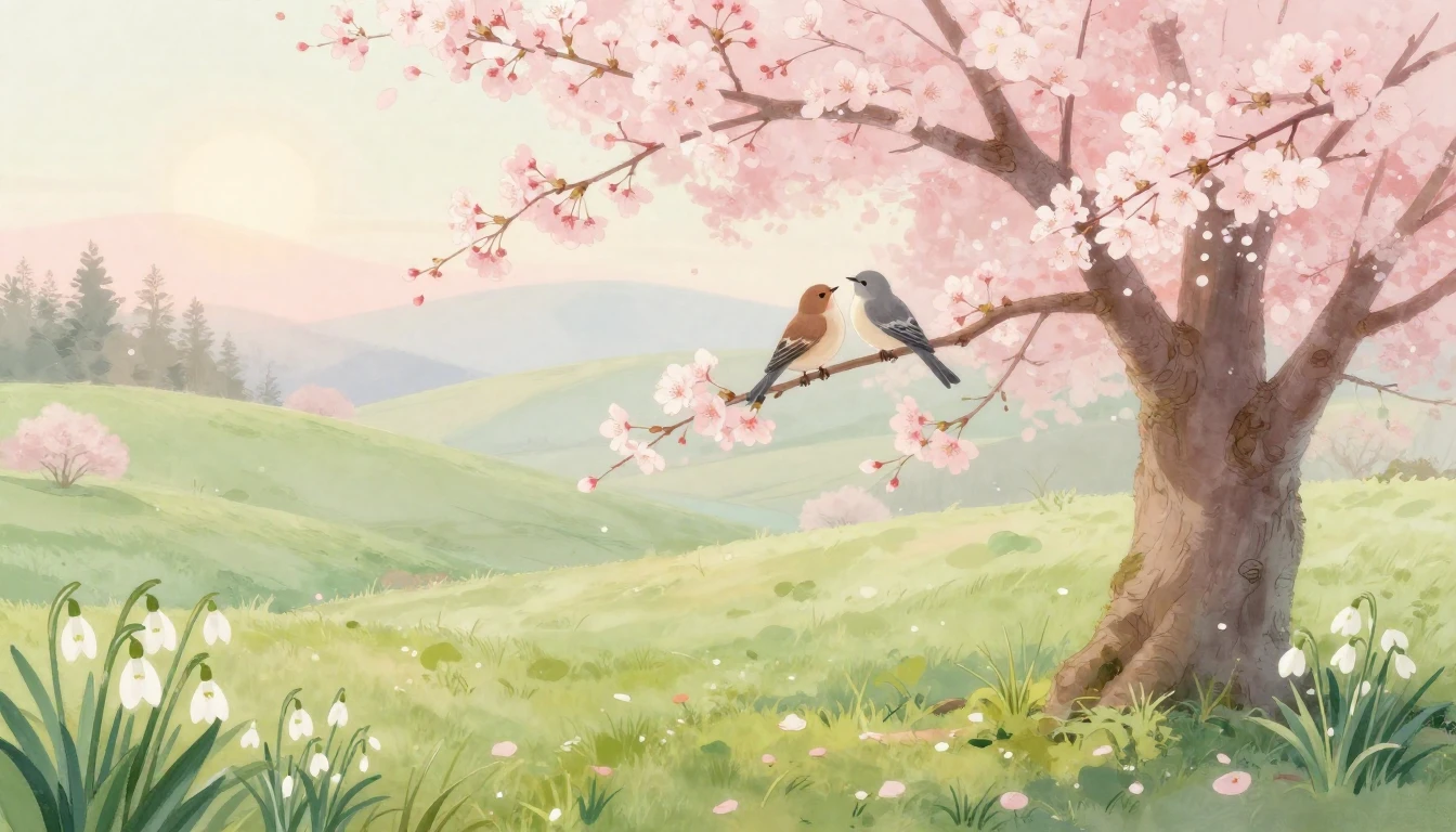 A serene landscape representing the arrival of spring. Soft ...