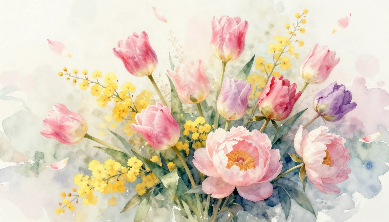 A beautiful watercolor painting of a lush bouquet of spring ...