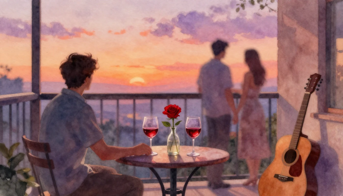 A romantic scene painted in soft watercolor style. A cozy ba...
