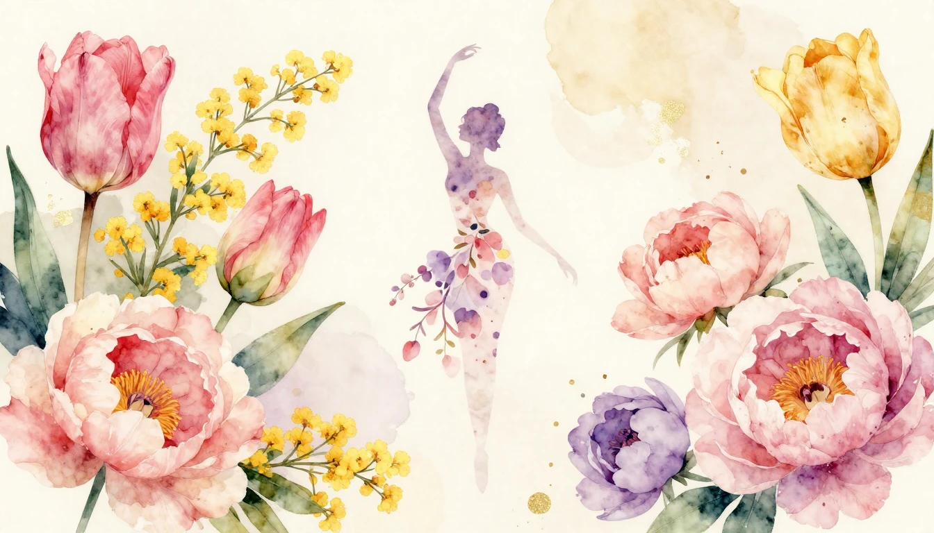 A breathtaking watercolor illustration of various blooming f...