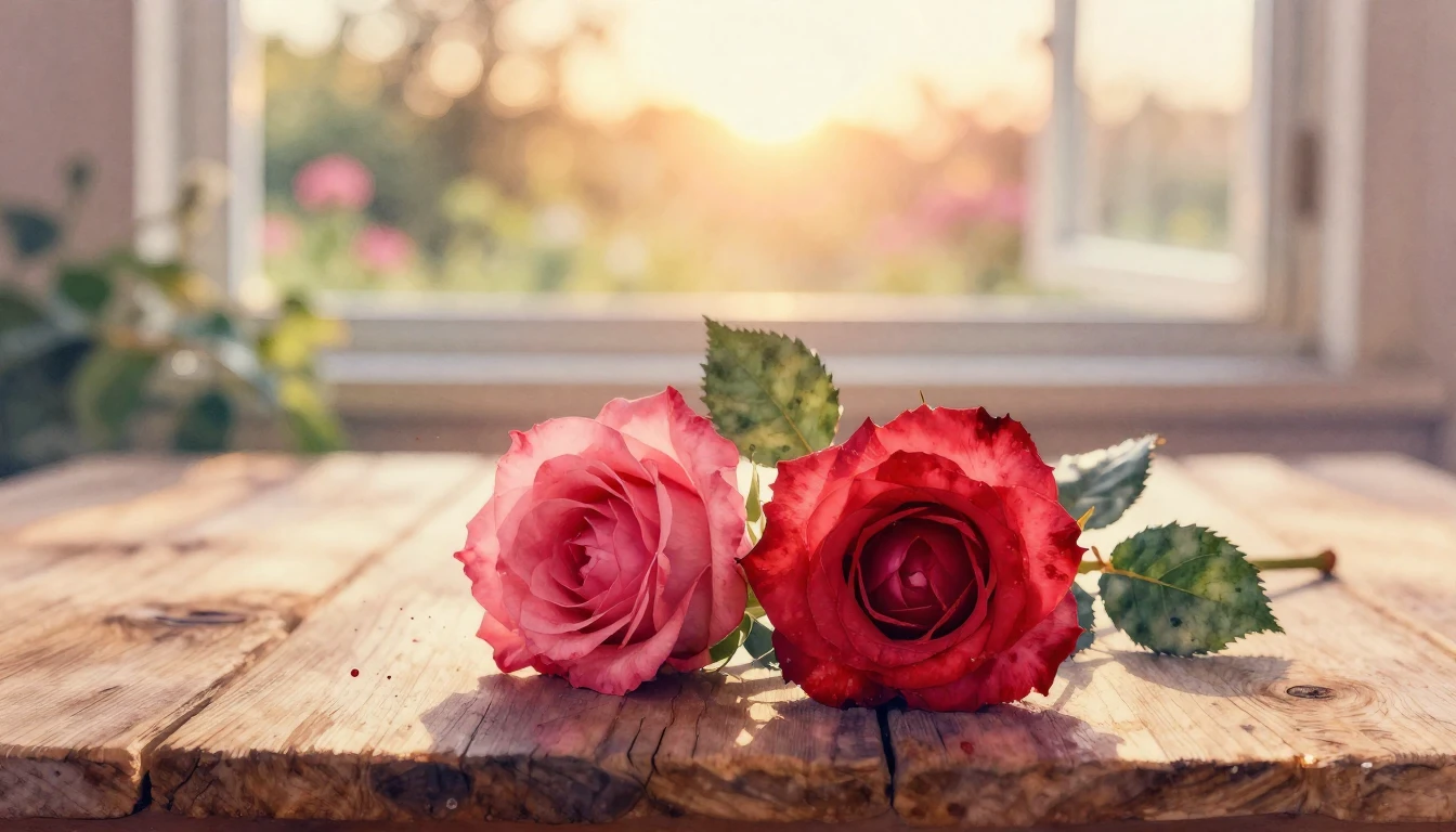 A soft watercolor painting of two delicate red roses intertw...