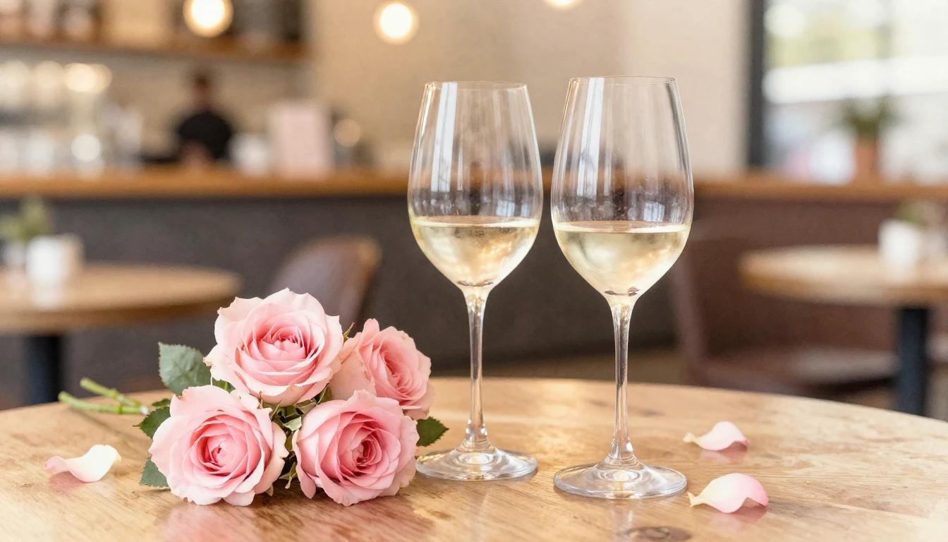 A dreamy watercolor painting of two elegant wine glasses sit...