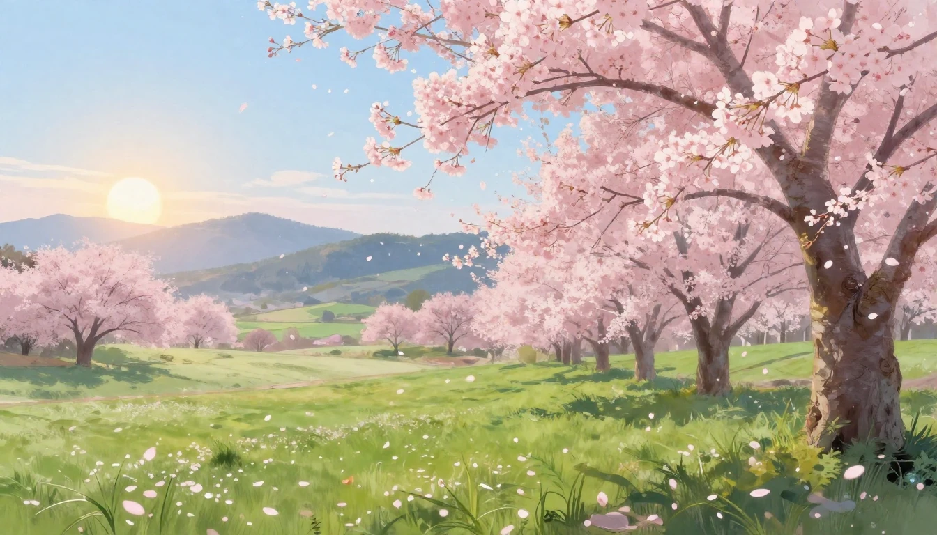 A breathtaking spring landscape. Delicate cherry blossom tre...