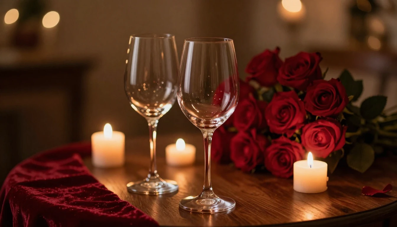 A serene and romantic scene featuring two elegant wine glass...