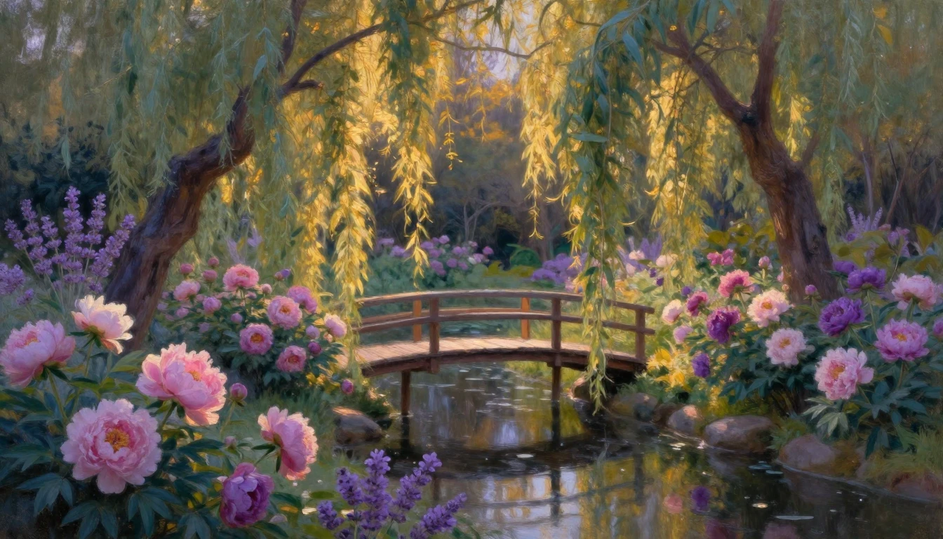 A breathtaking impressionist painting of a secluded garden a...