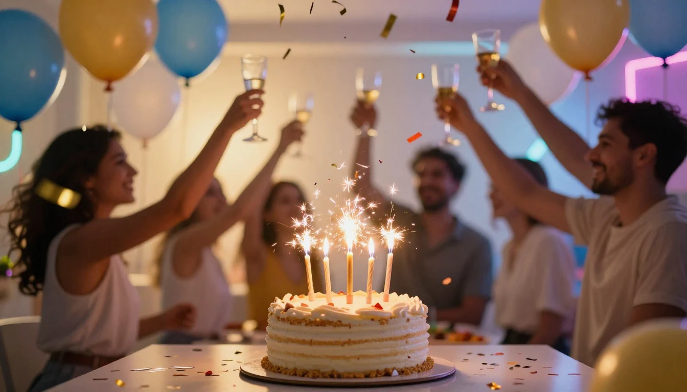 A vibrant and energetic birthday celebration scene featuring...