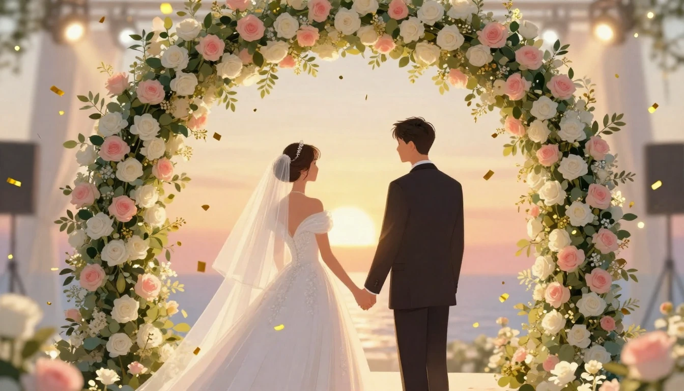 A romantic and festive wedding illustration featuring a brid...