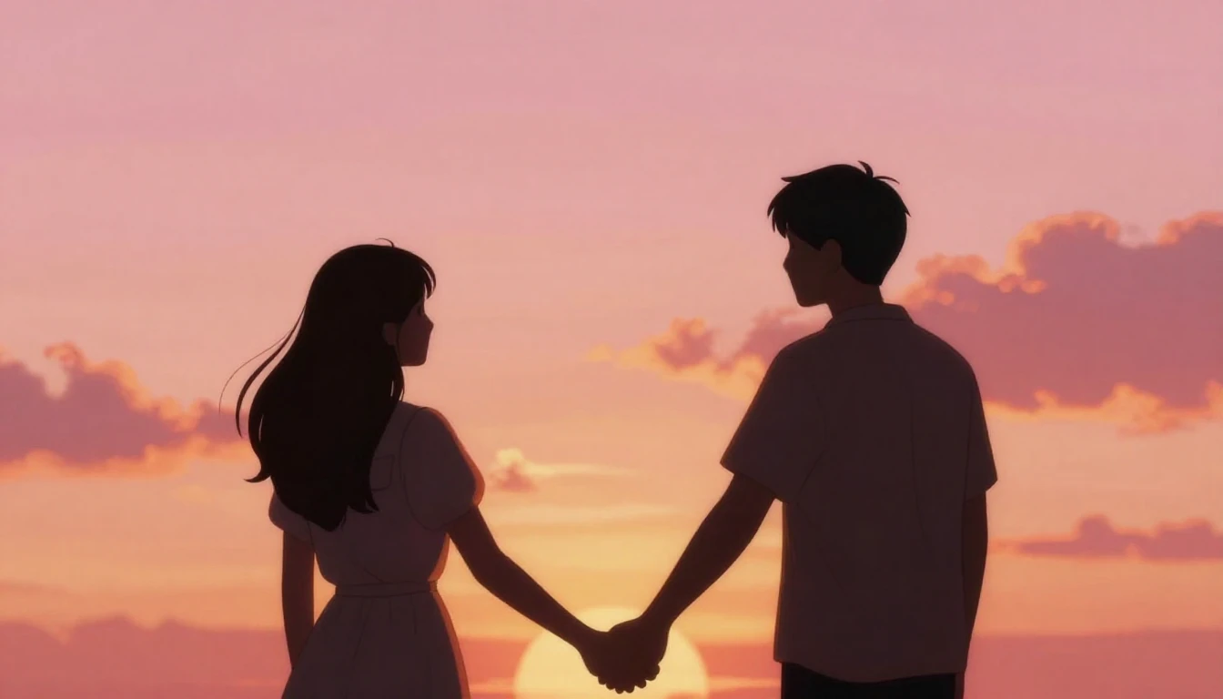 A romantic and dreamy illustration of two silhouettes holdin...