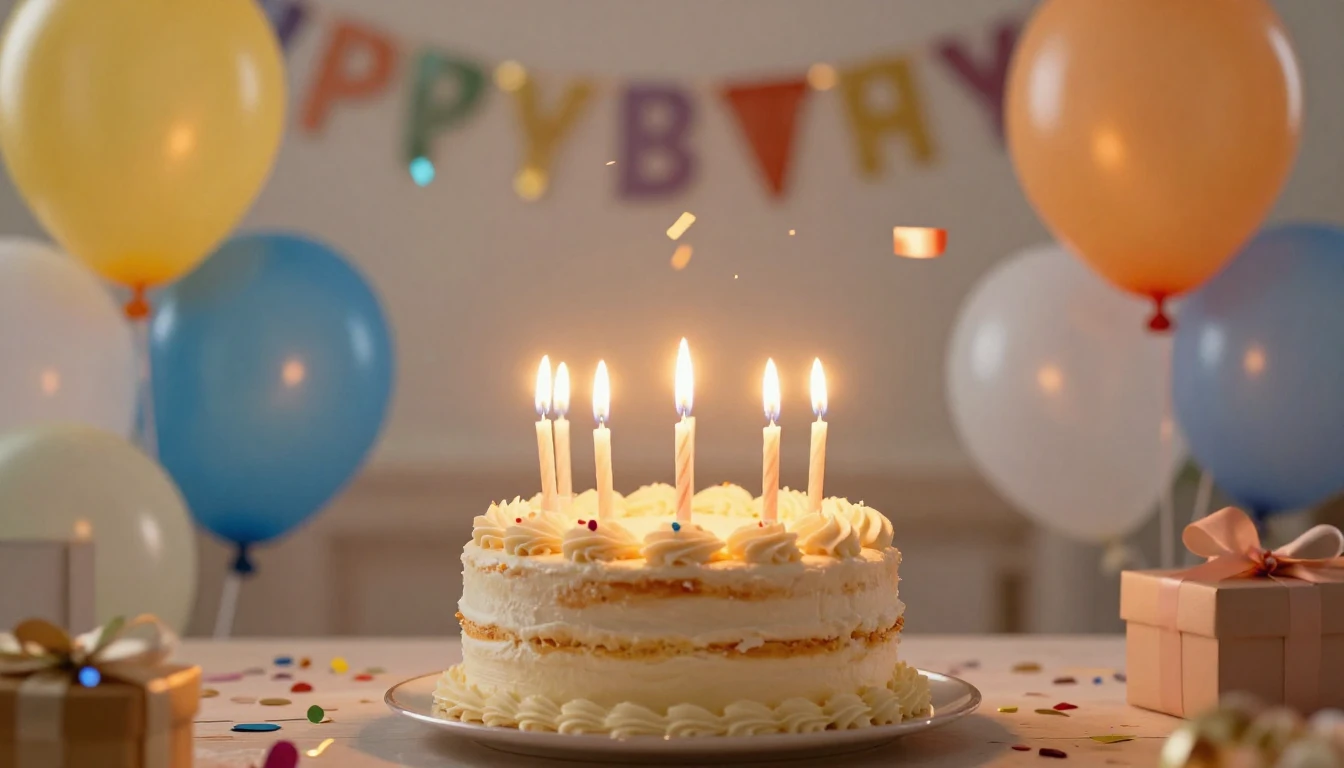 A festive and bright birthday celebration scene. A beautiful...