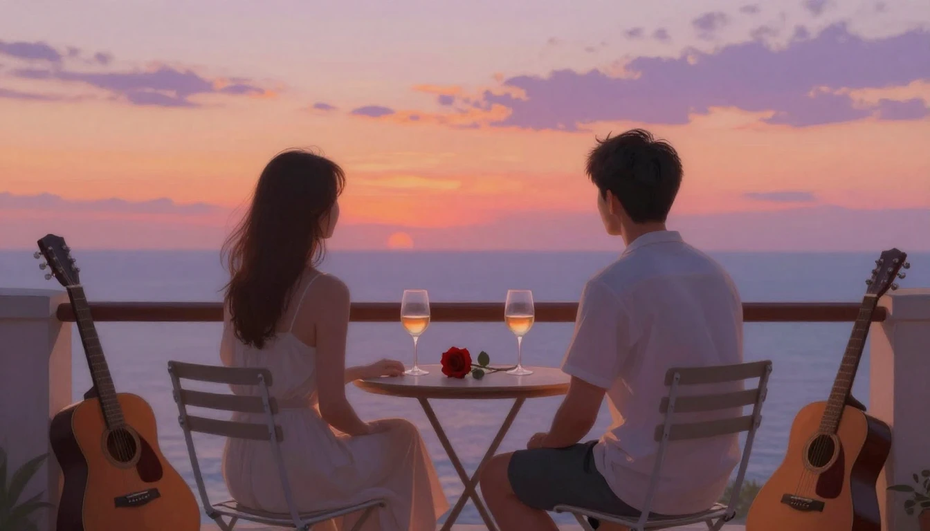 A romantic scene featuring a couple sitting on a balcony ove...