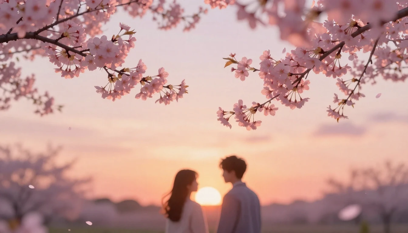 A soft and dreamy scene depicting two delicate cherry blosso...