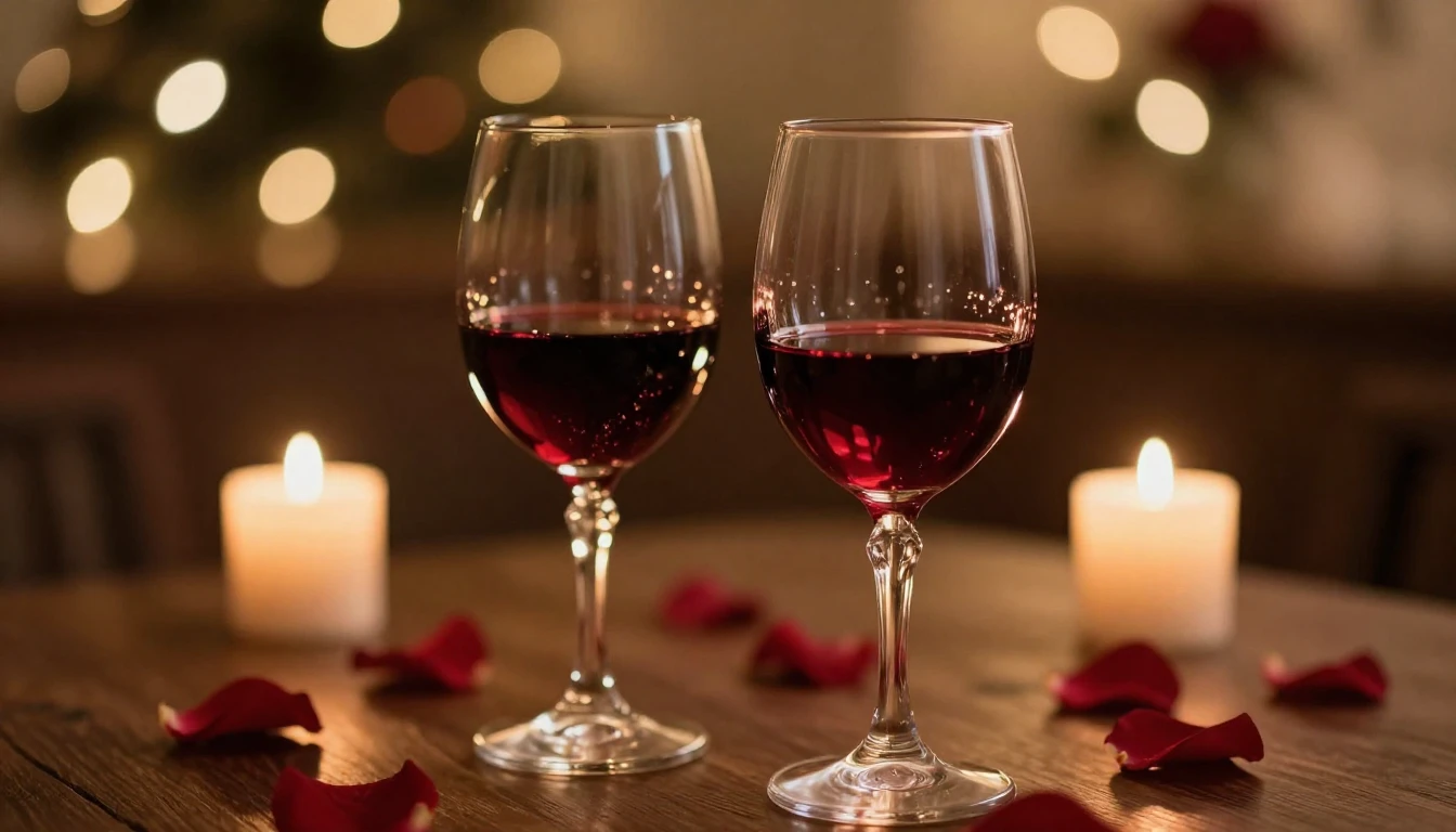 A romantic close-up scene of a candlelit dinner setting, two...