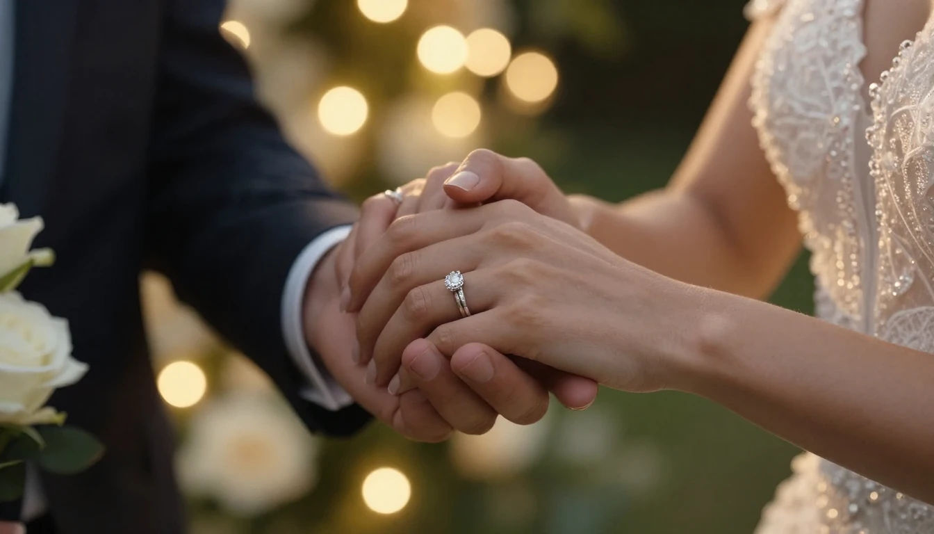 A cinematic, high-resolution close-up shot of a newlywed cou...