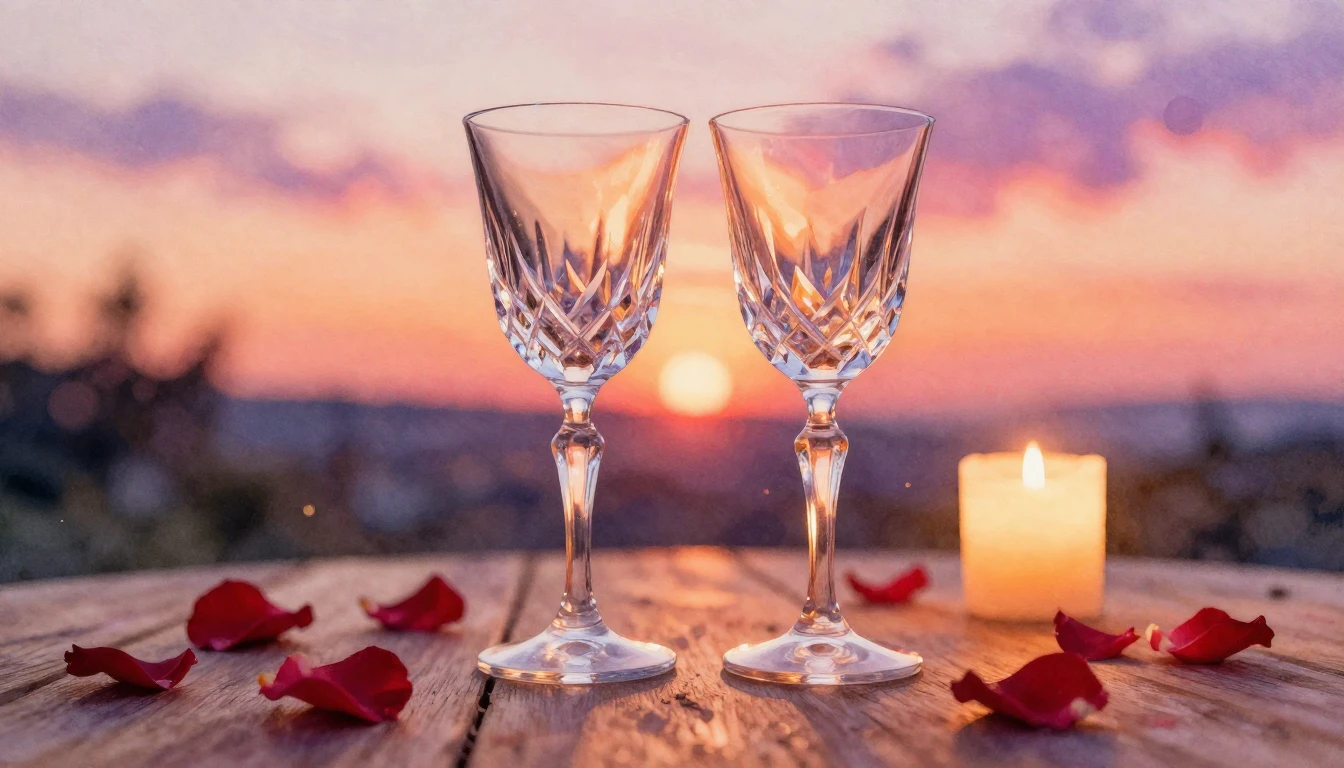 A beautiful watercolor painting of a romantic evening scene....