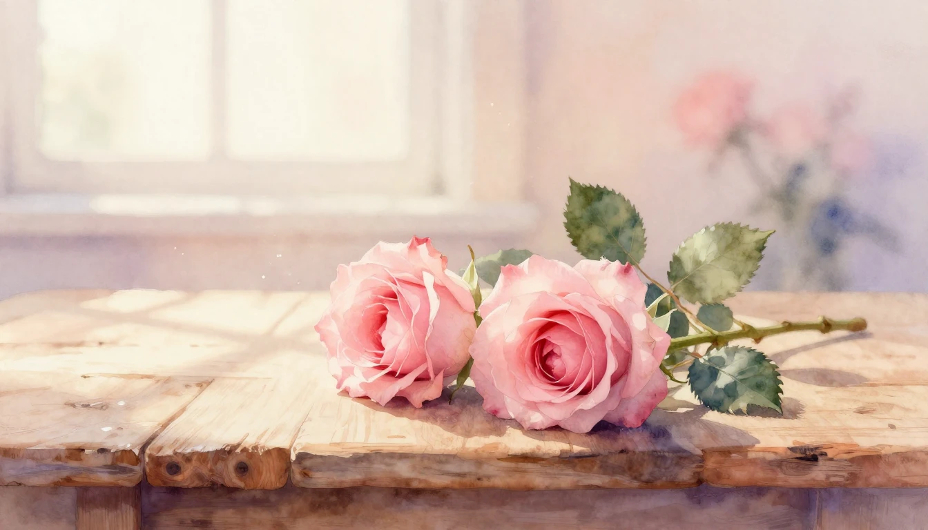 A soft and ethereal watercolor painting of two delicate pink...