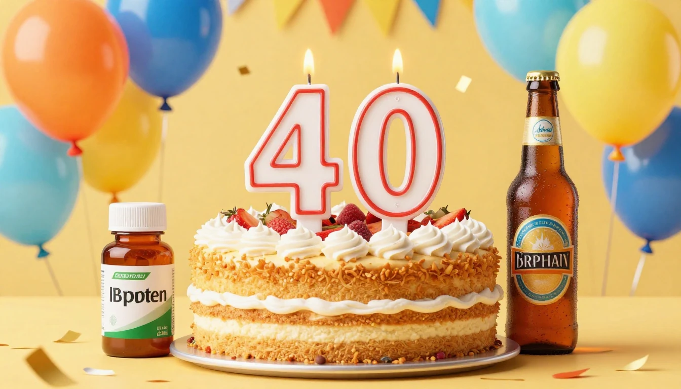 A humorous and festive birthday album cover design. In the c...