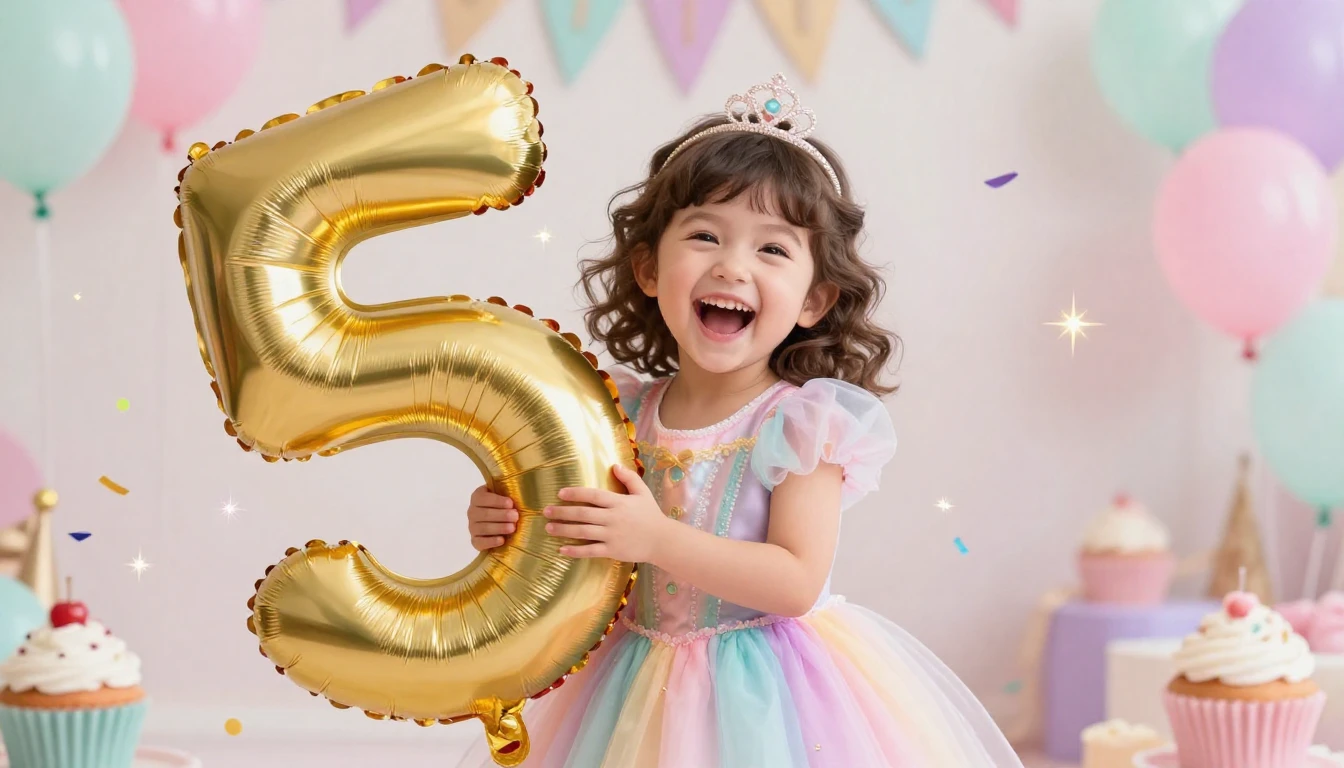 A cute 5-year-old girl with curly hair laughing joyfully, we...