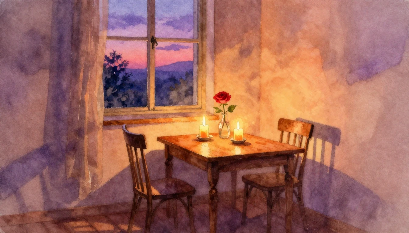 A soft watercolor painting of a cozy room at dusk. A small w...