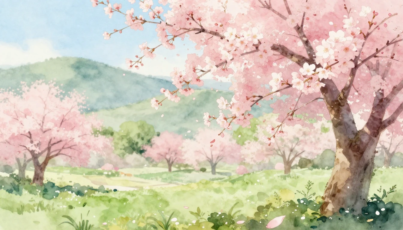 A delicate watercolor painting of a lush spring garden in fu...