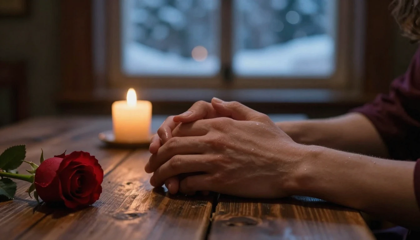 A cinematic close-up shot of two hands gently holding each o...