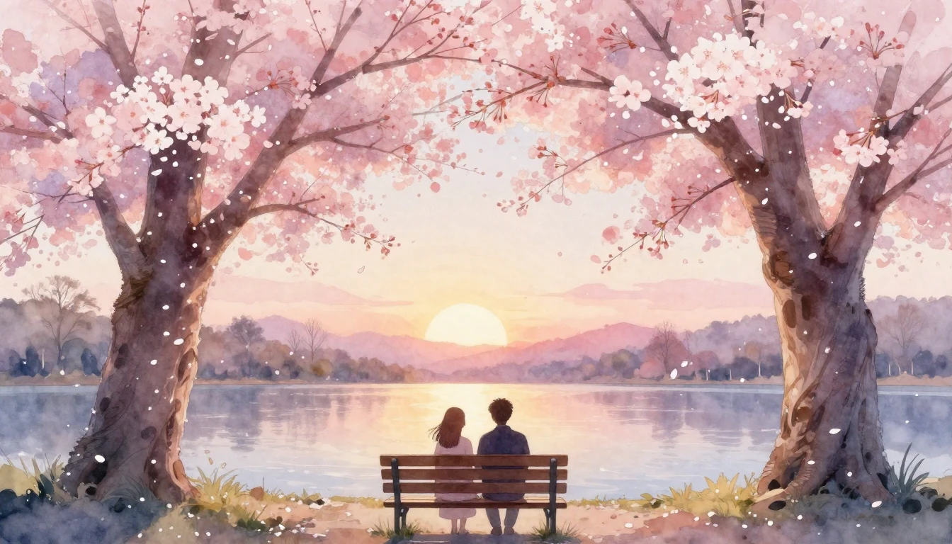 A dreamy watercolor painting of two silhouettes sitting toge...