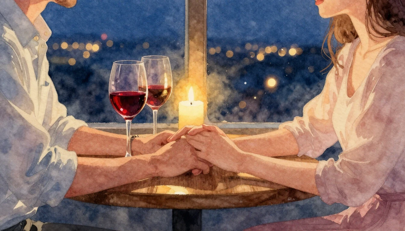 A romantic and intimate scene painted in soft watercolor sty...