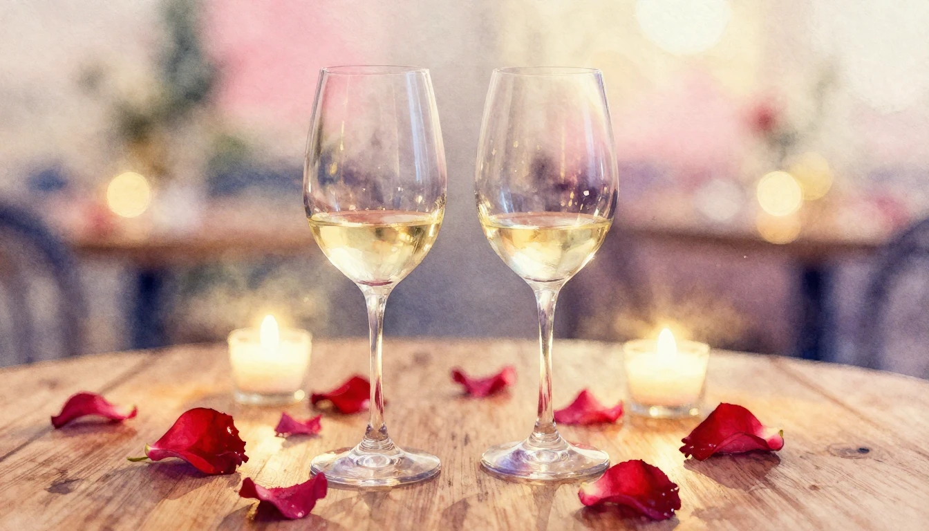 A soft watercolor painting of two elegant wine glasses stand...