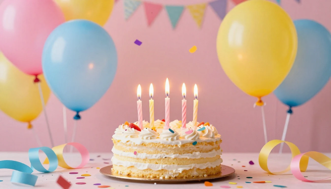 A vibrant and festive birthday scene. A bright birthday cake...