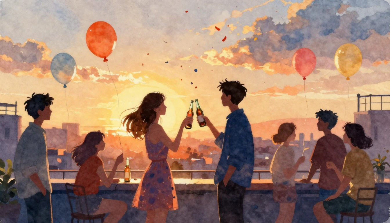 A heartwarming watercolor painting of a group of friends cel...