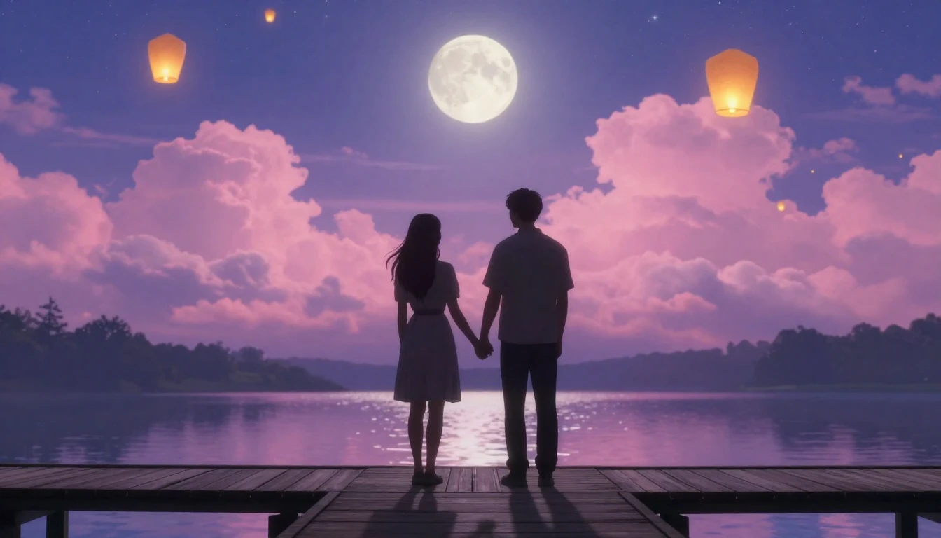 A romantic and dreamy scene featuring two silhouettes holdin...