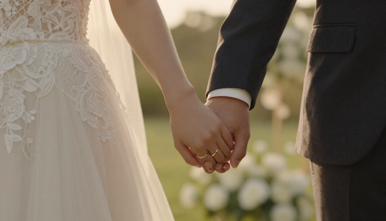 Cinematic close-up shot of a newlywed couple holding hands, ...