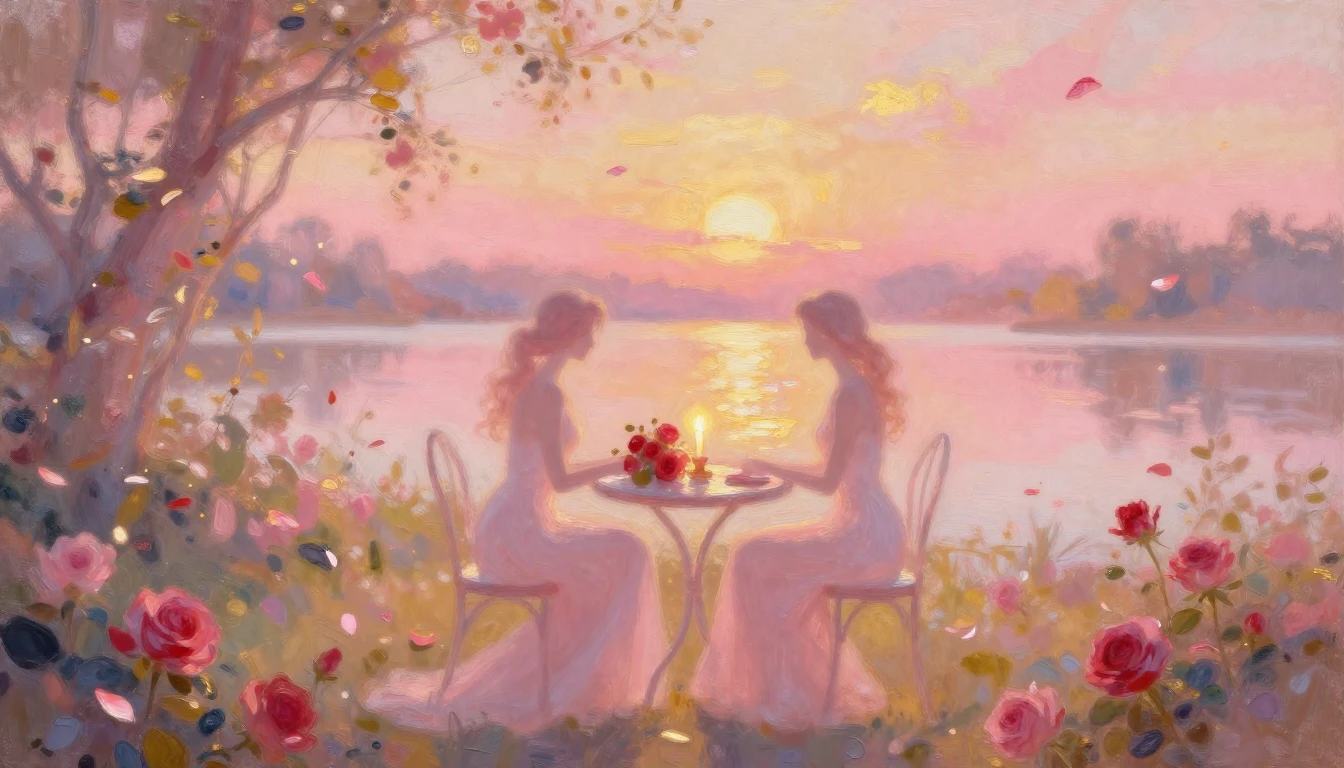 An impressionist oil painting of a serene garden at sunset. ...