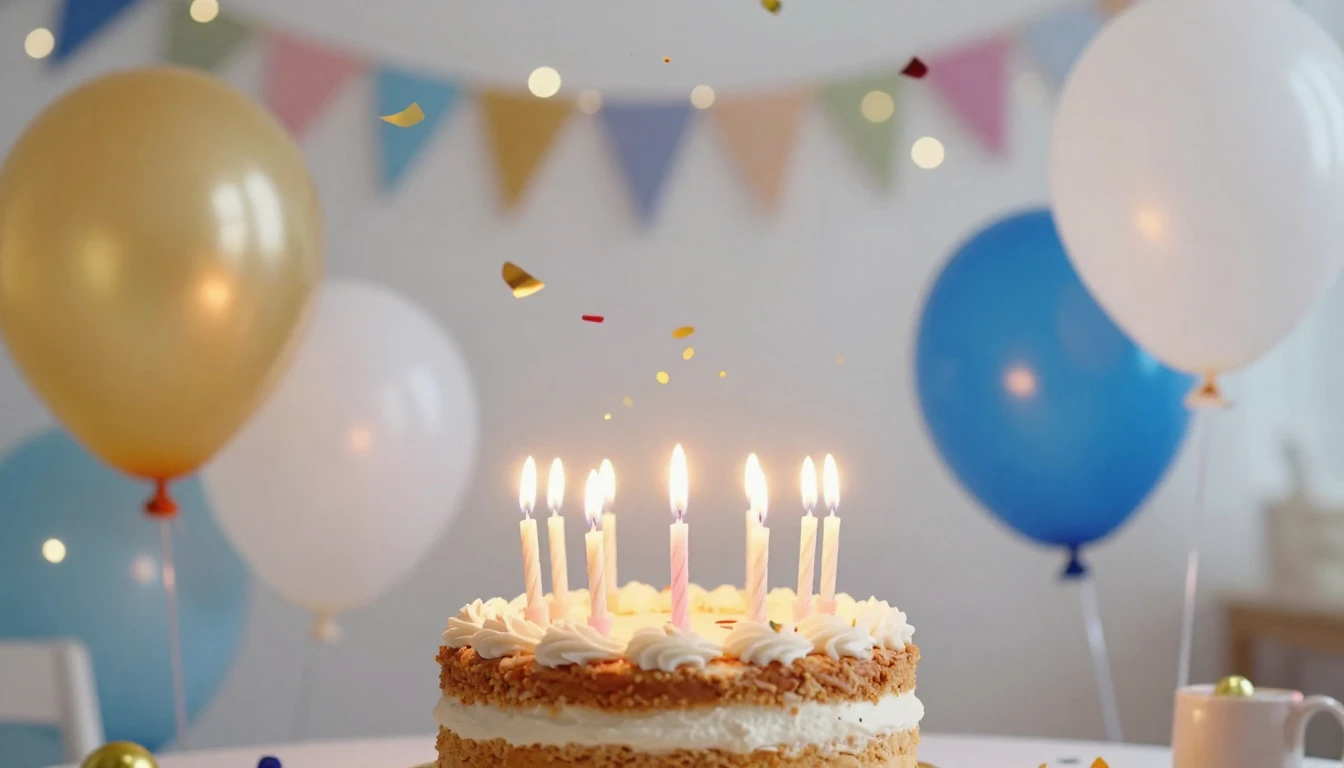 A vibrant and festive birthday scene featuring a delicious c...