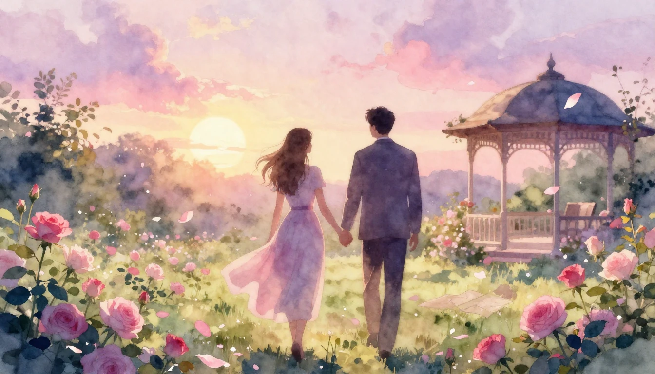 A dreamy and ethereal watercolor painting of two silhouettes...