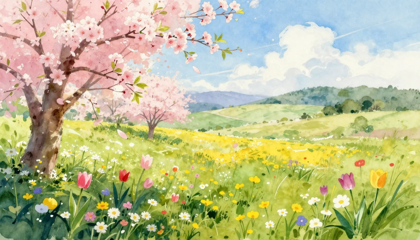 A vibrant watercolor painting of a lush meadow in full bloom...