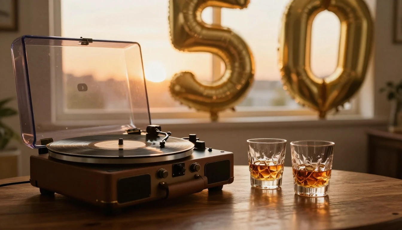 A warm and nostalgic scene featuring a vintage vinyl record ...