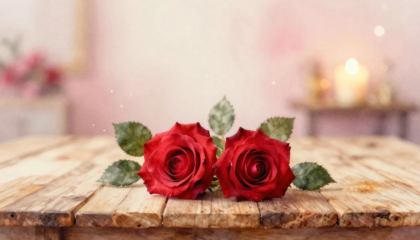 A soft watercolor painting of two delicate red roses intertw...