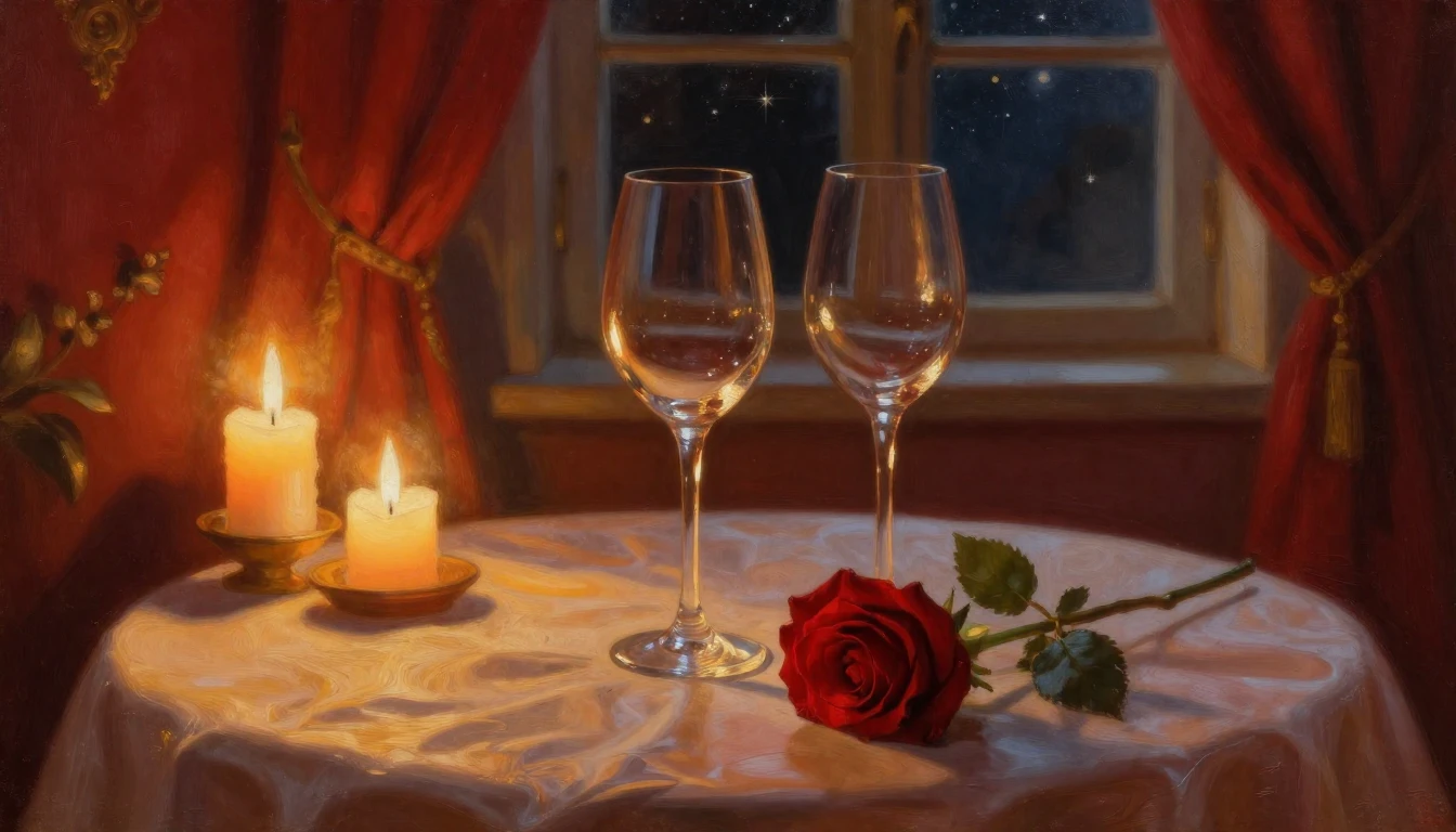 An exquisite oil painting of two elegant wine glasses and a ...