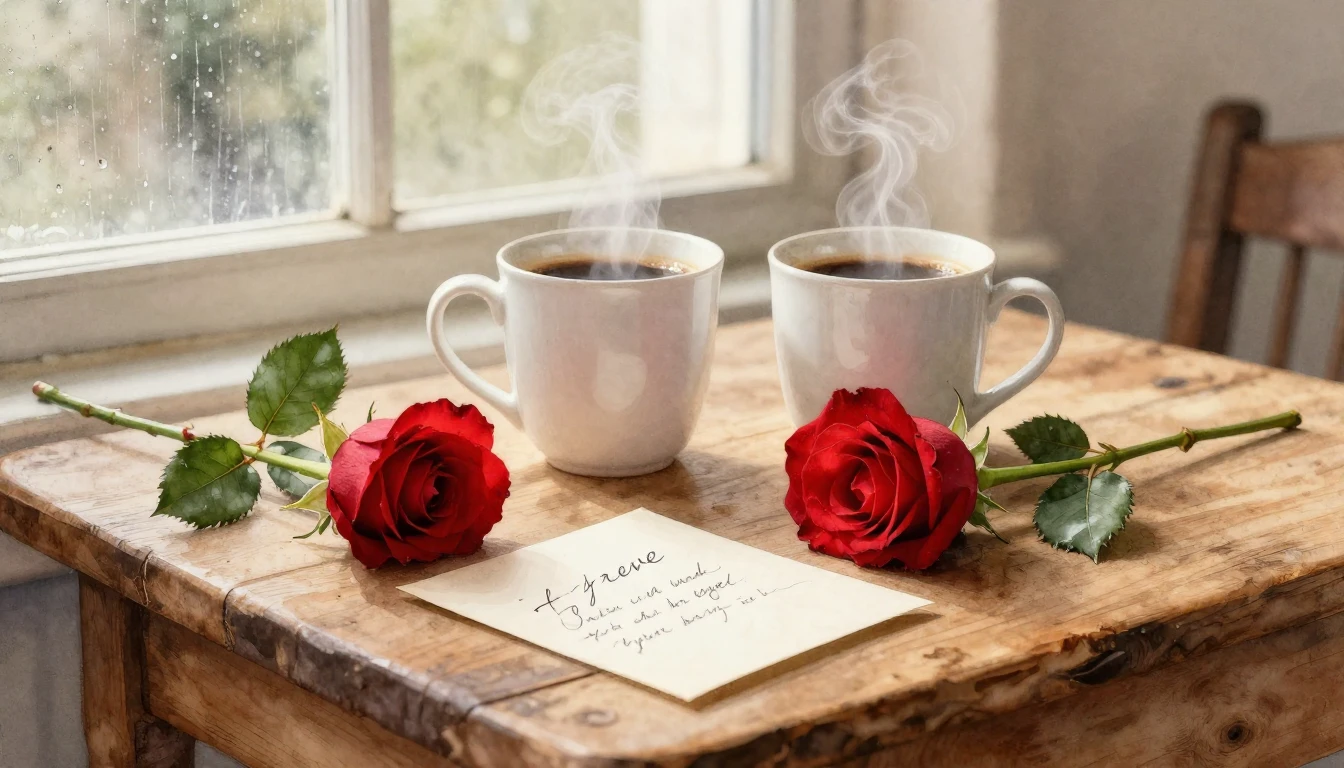 A romantic and intimate scene depicted in soft watercolor st...