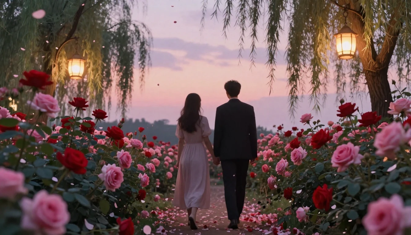 A dreamy and romantic scene featuring two silhouettes walkin...