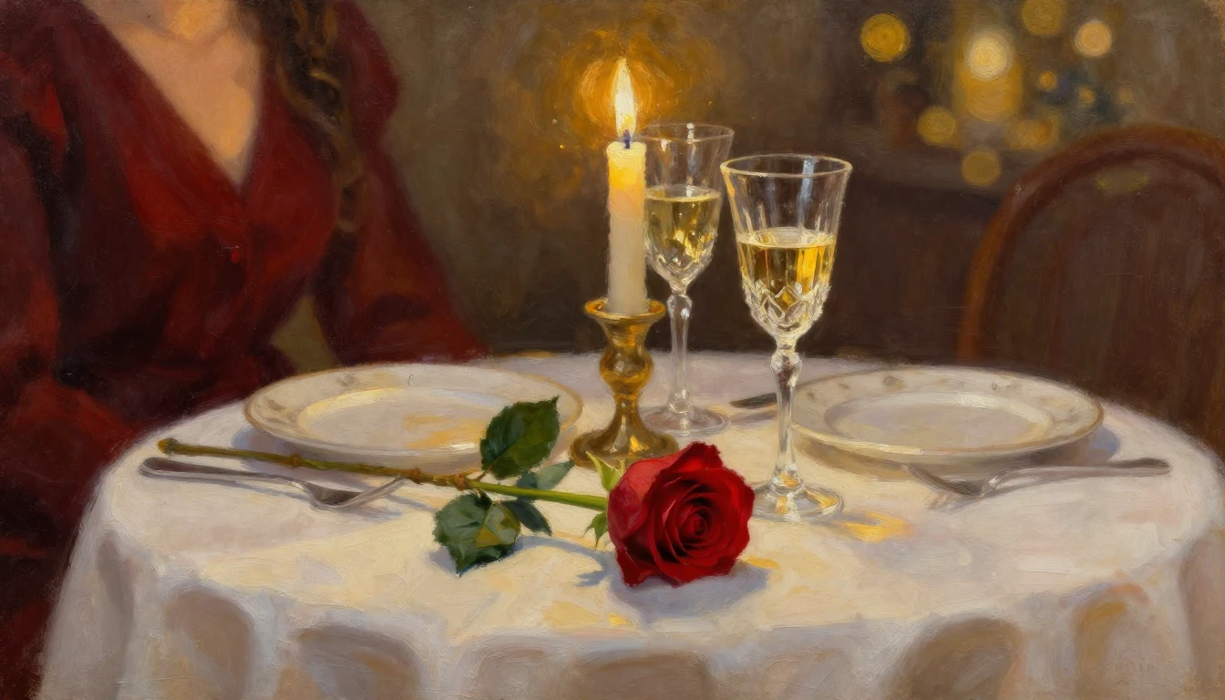An exquisite oil painting of a candlelit dinner table set fo...