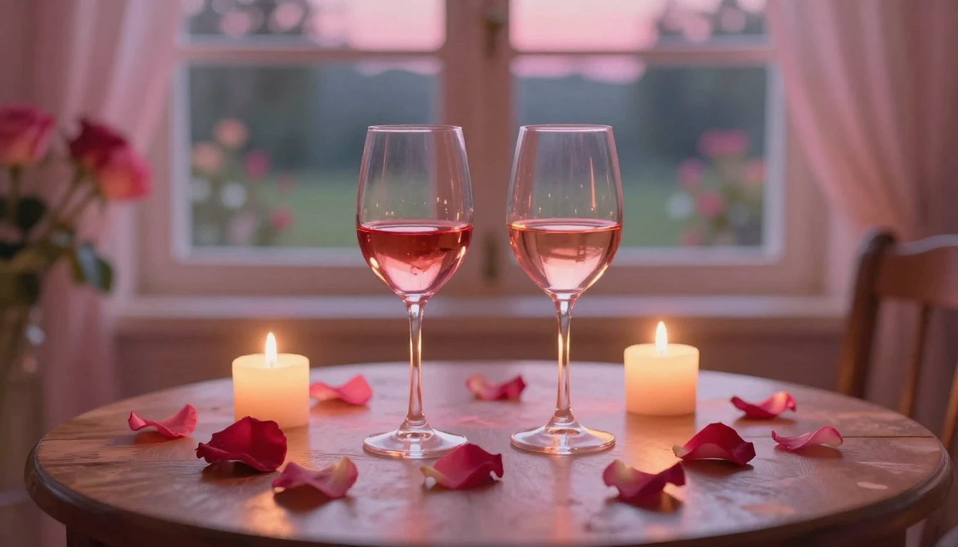 A dreamy and romantic scene featuring two elegant wine glass...