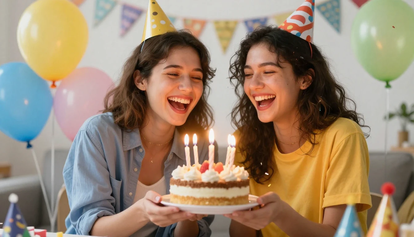 A joyful scene of two best friends laughing together, holdin...
