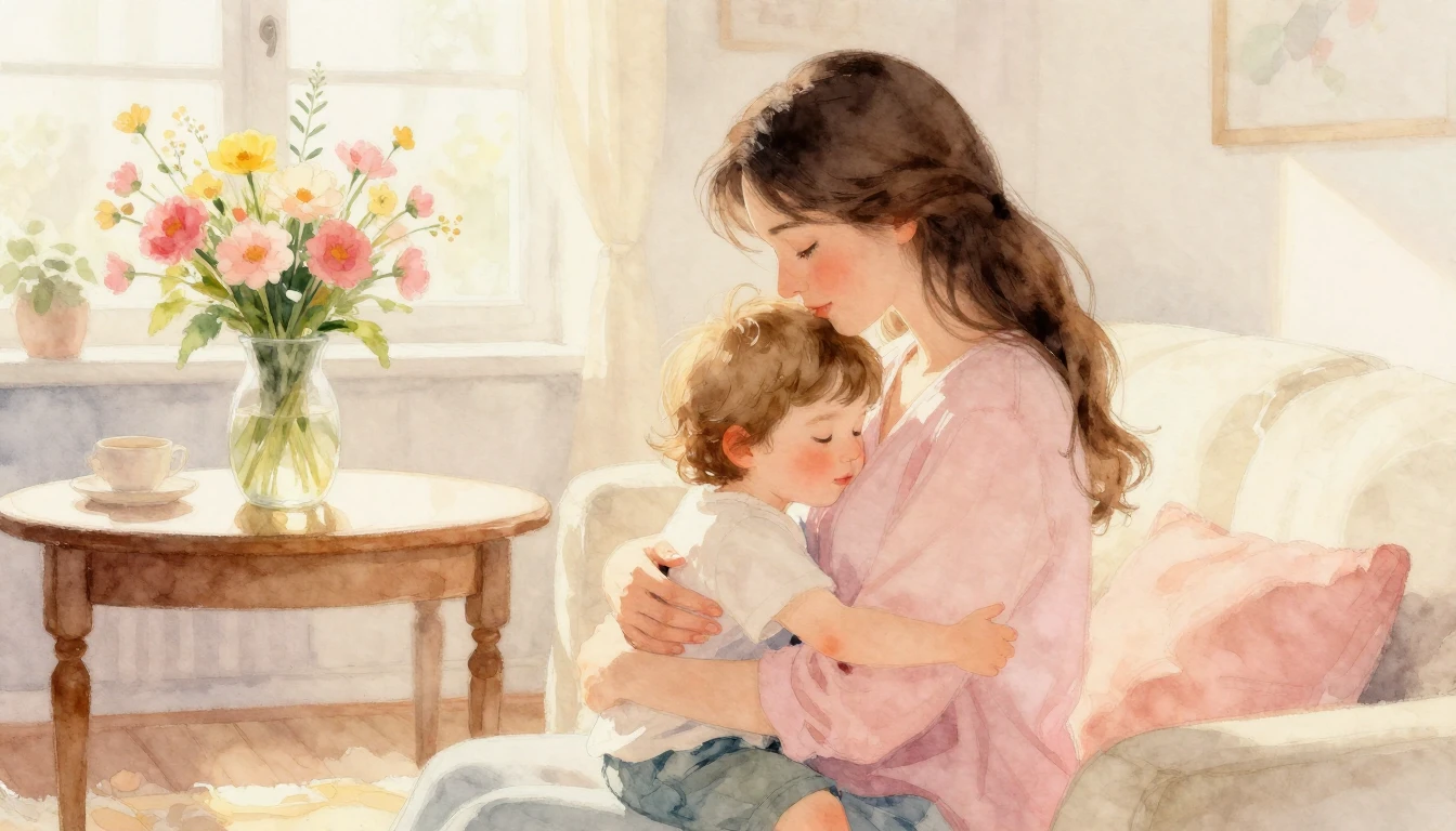 A heartwarming watercolor painting of a mother and her child...