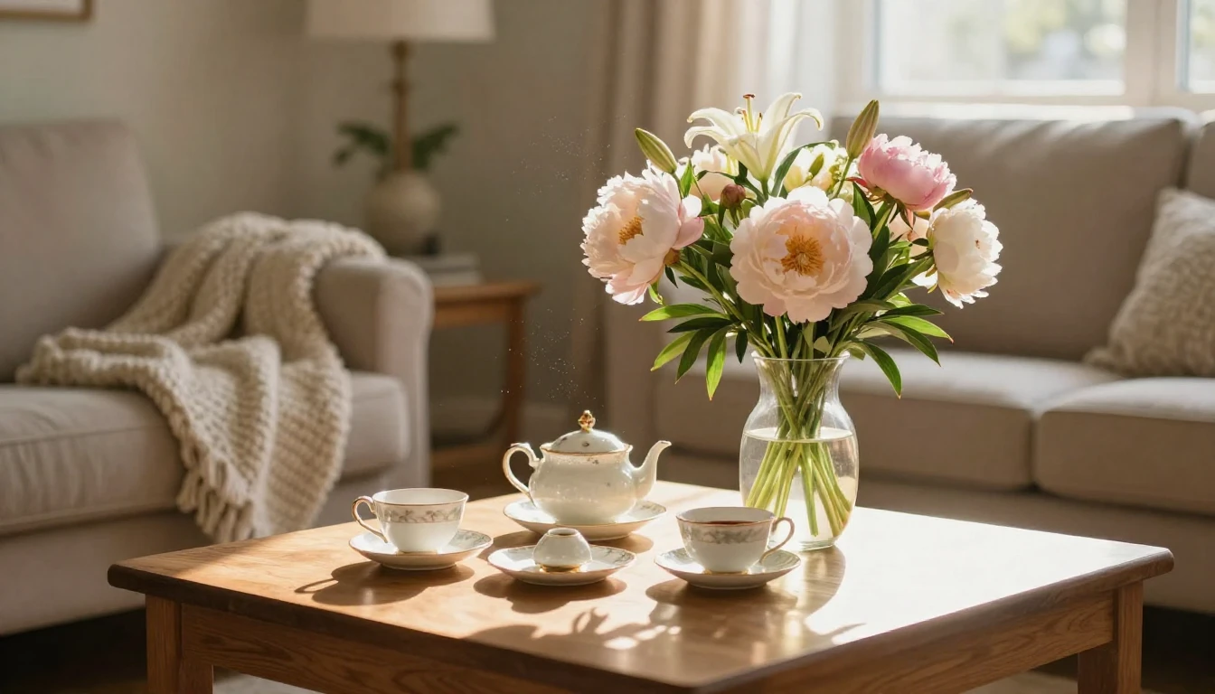 A cozy living room scene bathed in the soft, golden light of...